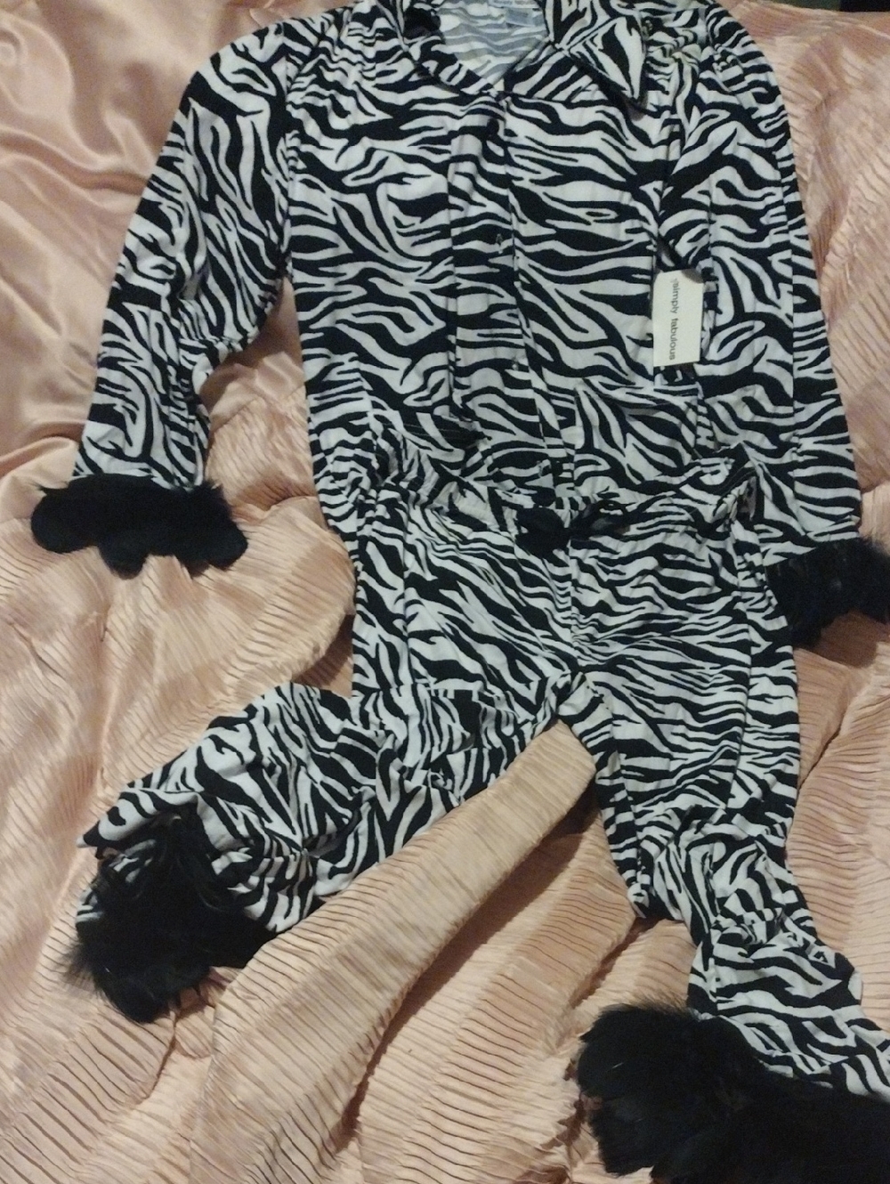 Zebra Print Two-Piece Pajamas with Feather Trim